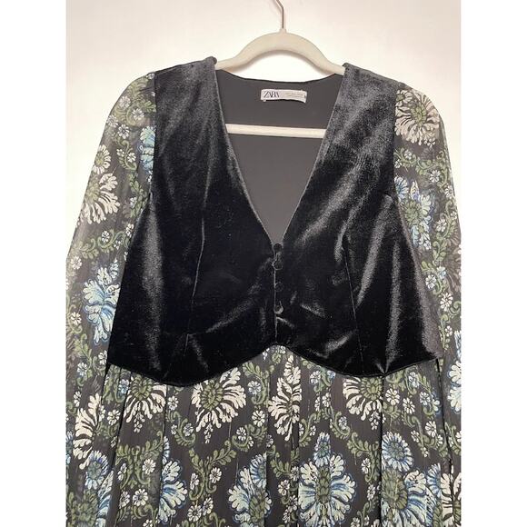 Velvet Vested Floral Babydoll Dress Womens Size S Long Sleeve Whimsical Goth - Picture 3 of 14